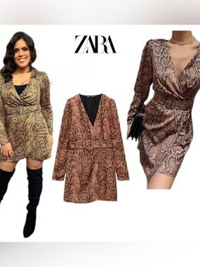 Zara tan brown snake print long sleeve V-neck belted mini wrap dress Sz XL